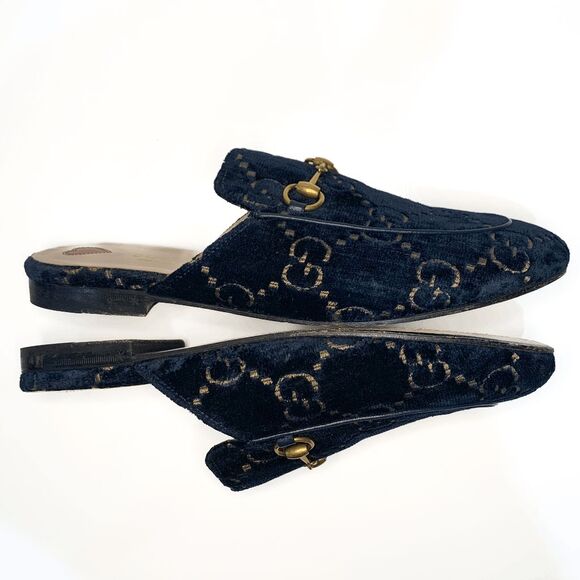 SOLD Gucci Princetown Horsebit Mules Navy Blue GG Logo Velvet Flat Loafers - Picture 8 of 14